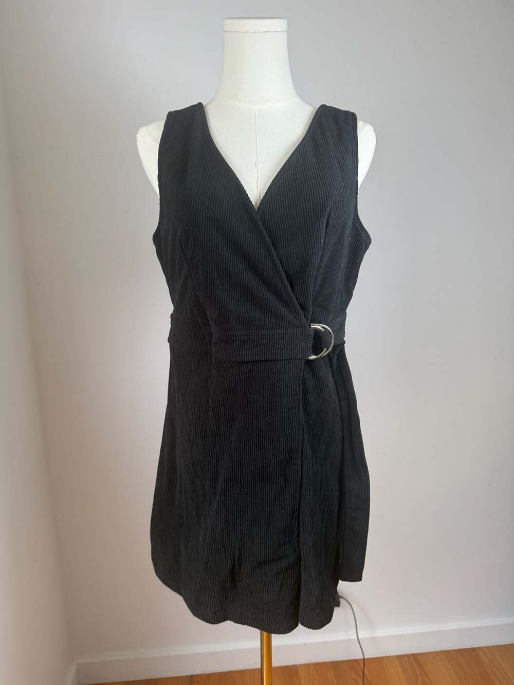 Halara Corduroy Mini Dress Size S Black Belted V-Neck Sleeveless